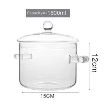 1.6L/57Fl Oz Glass Saucepan with Cover, Stovetop Cooking Pot with Lid and Handle Simmer Pot Clear So...