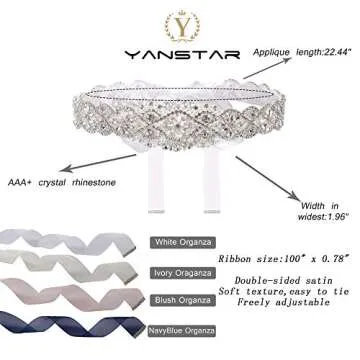 yanstar Bridal Rhinestone Wedding Belts Hand Clear Crystal 22In Length with White Organza Ribbon for Bridal Gowns
