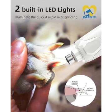Casfuy Dog Nail Grinder Quiet - (45db) 6-Speed Pet Nail Grinder with 2 LED Lights for Large Medium Small Puppy Dogs/Cats, Professional 3 Ports Rechargeable Electric Dog Nail Trimmer with Dust Cap