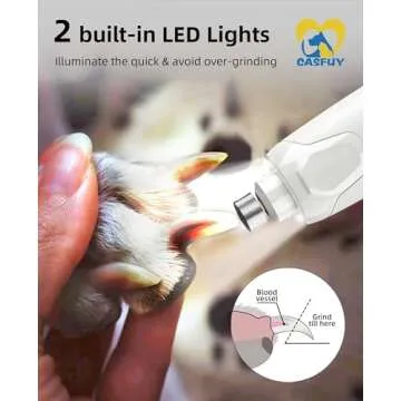 Casfuy Dog Nail Grinder Quiet - (45db) 6-Speed Pet Nail Grinder with 2 LED Lights for Large Medium Small Puppy Dogs/Cats, Professional 3 Ports Rechargeable Electric Dog Nail Trimmer with Dust Cap