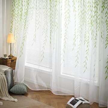MIULEE Sage Green Sheer Curtains Leaf Pattern Vines Printed White Voile Elegant Lightweight Window Gauze Panels Treatment Rod Pocket for Bedroom Living Room(54 x 84 Inches, 2 Panels)