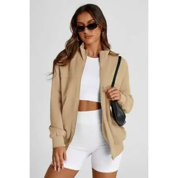 PRETTYGARDEN Women's 2025 Spring Fall Fashion Full Zip Up Sweatshirt Long Sleeve Loose Fit Trendy Casual Jacket with Pockets (Khaki,Medium)