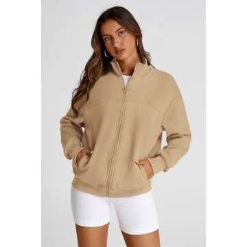 PRETTYGARDEN Women's 2025 Spring Fall Fashion Full Zip Up Sweatshirt Long Sleeve Loose Fit Trendy Casual Jacket with Pockets (Khaki,Medium)