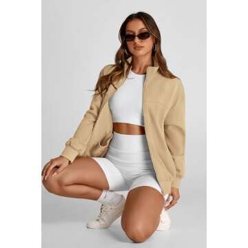 PRETTYGARDEN Women's 2025 Spring Fall Fashion Full Zip Up Sweatshirt Long Sleeve Loose Fit Trendy Casual Jacket with Pockets (Khaki,Medium)