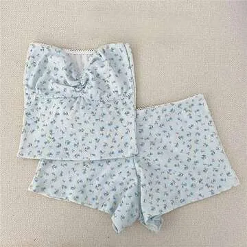 Yuemengxuan Two Piece Outfits for Women Lounge Set Y2k Crop Top Shirt Shorts Set Summer Outfits Loungewear Pajamas Set (Blue #J, S)