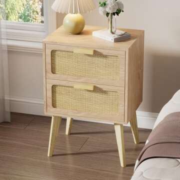 YAUKOMEL Rattan Nightstand Set of 2,Side Table with Hand Made Rattan Decorated Drawers,Boho Bedside Table,Wood Accent Table with Storage for Small Space,Livingroom, Bedroom, Natural CTG59Y-2