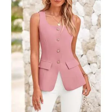 BTFBM Womens Sleeveless Suit Vests Dressy Casual Square Neck Business Work Waistcoat Summer Button Up Blazer Vest Tops(Pink, X-Large)