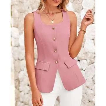 BTFBM Womens Sleeveless Suit Vests Dressy Casual Square Neck Business Work Waistcoat Summer Button Up Blazer Vest Tops(Pink, X-Large)