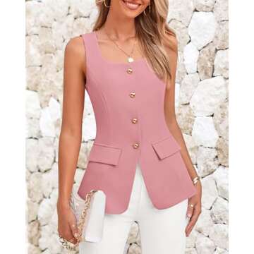BTFBM Womens Sleeveless Suit Vests Dressy Casual Square Neck Business Work Waistcoat Summer Button Up Blazer Vest Tops(Pink, X-Large)