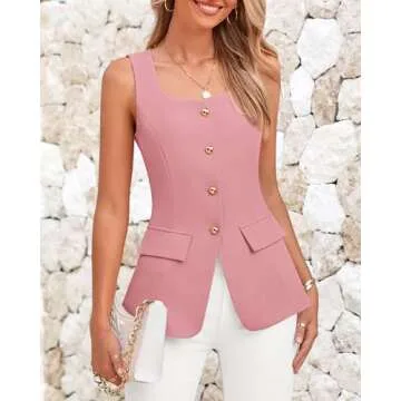 BTFBM Womens Sleeveless Suit Vests Dressy Casual Square Neck Business Work Waistcoat Summer Button Up Blazer Vest Tops(Pink, X-Large)