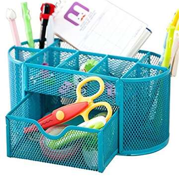 Space Saving Desk Tidy Multi-Functional Metal Wire Mesh 9 Compartment Office/School Supply Desktop Organizer Caddy W/Large Drawer (Blue)