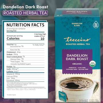 Teeccino Dandelion Herbal Tea - Dark Roast - Caffeine Free, 3x More Herbs - 25 Tea Bags