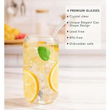 Marksle Home Glass Cups With Lids And Straws - 16oz Iced Coffee Cup 4pcs Set - Glass Iced Coffee Cups with Lids – Glass Tumbler with Straw and Lid - Glass Cups Set - Vasos De Vidrio