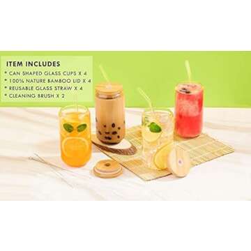 Marksle Home Glass Cups With Lids And Straws - 16oz Iced Coffee Cup 4pcs Set - Glass Iced Coffee Cups with Lids – Glass Tumbler with Straw and Lid - Glass Cups Set - Vasos De Vidrio