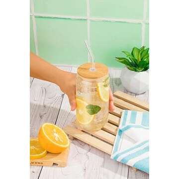 Marksle Home Glass Cups With Lids And Straws - 16oz Iced Coffee Cup 4pcs Set - Glass Iced Coffee Cups with Lids – Glass Tumbler with Straw and Lid - Glass Cups Set - Vasos De Vidrio