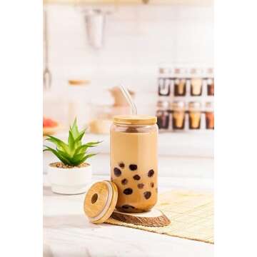 Marksle Home Glass Cups With Lids And Straws - 16oz Iced Coffee Cup 4pcs Set - Glass Iced Coffee Cups with Lids – Glass Tumbler with Straw and Lid - Glass Cups Set - Vasos De Vidrio