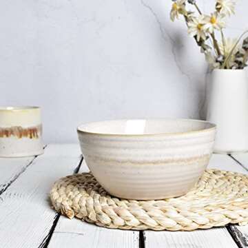 Bosmarlin Ceramic Cereal Bowl Set of 4, 26 Oz, Soup Bowl for Oatmeal, Salad, Dishwasher and Microwave Safe, Reactive Glaze (Beige, 6 in)