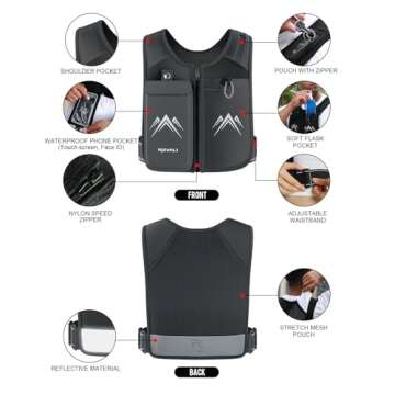 REVALI Running Vest, USA Original Patent, Zip Reflective Running Vests with 500ml Hydration Bottle, Adjustable Waistband & Breathable Material, Chest Pack Gear Phone Holder for Running, Men & Women