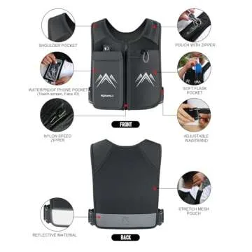 REVALI Running Vest, USA Original Patent, Zip Reflective Running Vests with 500ml Hydration Bottle, Adjustable Waistband & Breathable Material, Chest Pack Gear Phone Holder for Running, Men & Women