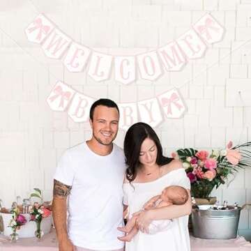 Welcome Baby Party Decorations - Pink Bow Banner,Pink Bow Welcome Baby Banner,Girls Gender Reveal Party Photo Props,Bow Theme Baby Party Hanging Banner