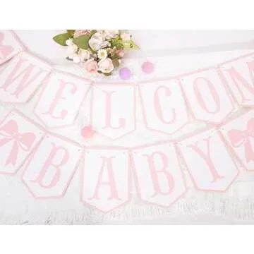 Welcome Baby Party Decorations - Pink Bow Banner,Pink Bow Welcome Baby Banner,Girls Gender Reveal Party Photo Props,Bow Theme Baby Party Hanging Banner