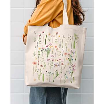 AUSVKAI Canvas Tote Bag Aesthetic for Women, Cute Trendy Wildflowers Reusable Cloth Cotton Bags with...