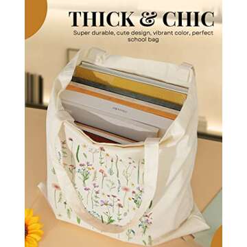 AUSVKAI Canvas Tote Bag Aesthetic for Women, Cute Trendy Wildflowers Reusable Cloth Cotton Bags with Handle for Grocery college Shopping Beach
