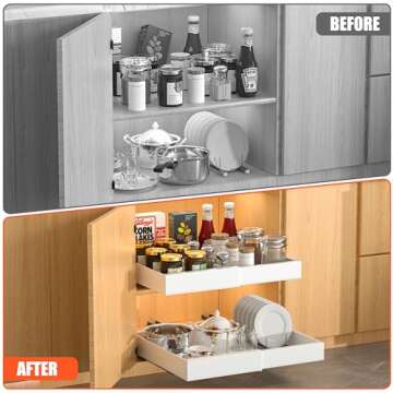 DEKAVA 2 Pack Pull Out Cabinet Organizer Expandable, Adhesive with Nano Film, Pull Out Drawers for Cabinets in Kitchen, Pantry or Bathroom (White, 21" DEEP)