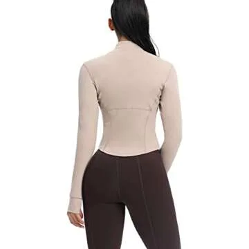 AVGO Women's Cropped Running Workout Jackets Zip Slim Fit Athletic Tops with Thumb Holes(Almond, S)