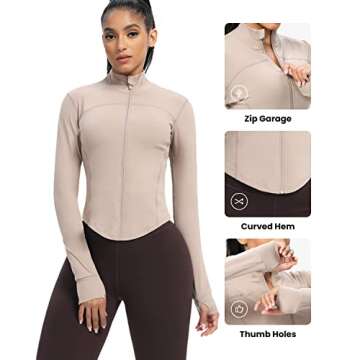 AVGO Women's Cropped Running Workout Jackets Zip Slim Fit Athletic Tops with Thumb Holes(Almond, S)