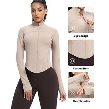 AVGO Women's Cropped Running Workout Jackets Zip Slim Fit Athletic Tops with Thumb Holes(Almond, S)