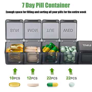2 Pack Weekly Pill Organizer, Large 7 Day Pill Case, Daily Vitamin Case Medicine Box, AM/PM Pill Containers for Medicine Supplements Fish Oil（White & Black）