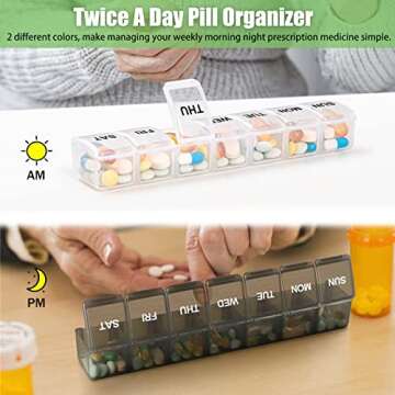 2 Pack Weekly Pill Organizer, Large 7 Day Pill Case, Daily Vitamin Case Medicine Box, AM/PM Pill Containers for Medicine Supplements Fish Oil（White & Black）