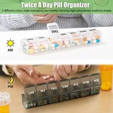 2 Pack Weekly Pill Organizer, Large 7 Day Pill Case, Daily Vitamin Case Medicine Box, AM/PM Pill Containers for Medicine Supplements Fish Oil（White & Black）