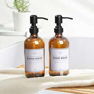 Amber Glass Soap Dispenser with Pump and Tray - Hand Dish Soap Dispenser Bottles for Hand Soap, Dish Soap, Lotion - Vintage Soap Dispenser Bathroom and Kitchen Sink Set (Amber Bottles; Black Pumps)