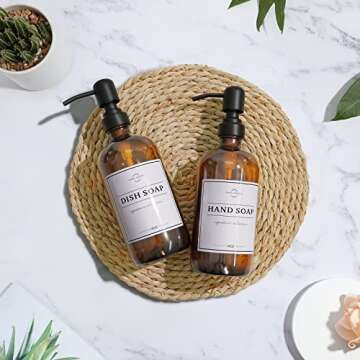 Amber Glass Soap Dispenser with Pump and Tray - Hand Dish Soap Dispenser Bottles for Hand Soap, Dish Soap, Lotion - Vintage Soap Dispenser Bathroom and Kitchen Sink Set (Amber Bottles; Black Pumps)