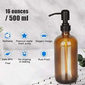 Amber Glass Soap Dispenser with Pump and Tray - Hand Dish Soap Dispenser Bottles for Hand Soap, Dish Soap, Lotion - Vintage Soap Dispenser Bathroom and Kitchen Sink Set (Amber Bottles; Black Pumps)