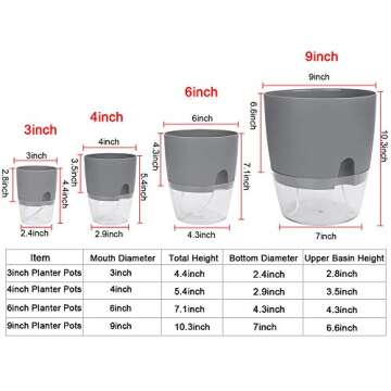 EBBCOWRY Self Watering Pots Set of 4,Different Size Flower Planter for Indoor Plants,Plastic Automatic Watering Planter Pots with Absorbent Cotton Rope 3/4/6/9in