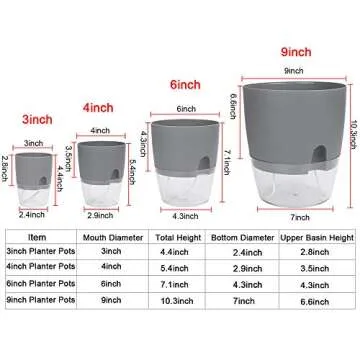 EBBCOWRY Self Watering Pots Set of 4,Different Size Flower Planter for Indoor Plants,Plastic Automatic Watering Planter Pots with Absorbent Cotton Rope 3/4/6/9in