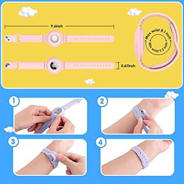 VEGO for AirTag Bracelet for Kids, 2 Pack Silicone Watch Bands + 4 Pack Anti-Scratch Films for Children, Anti-dropping Wristband for AirTag (Pink+Purple)