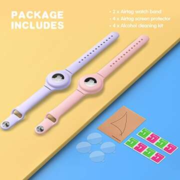 VEGO for AirTag Bracelet for Kids, 2 Pack Silicone Watch Bands + 4 Pack Anti-Scratch Films for Children, Anti-dropping Wristband for AirTag (Pink+Purple)