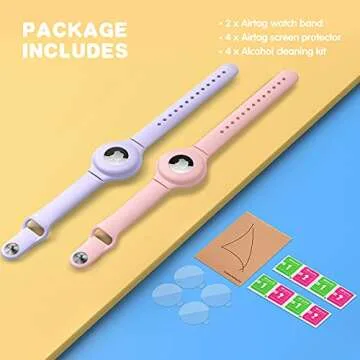 VEGO for AirTag Bracelet for Kids, 2 Pack Silicone Watch Bands + 4 Pack Anti-Scratch Films for Children, Anti-dropping Wristband for AirTag (Pink+Purple)