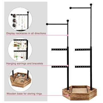 Emfogo Jewelry Organizer Stand - 6 Tier Jewelry Holder with Adjustable Height Necklace Holder Organizer Display & Storage for Earrings Ring Bracelet (Rustic Brown)