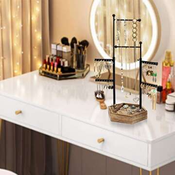 Emfogo Jewelry Organizer Stand - 6 Tier Jewelry Holder with Adjustable Height Necklace Holder Organizer Display & Storage for Earrings Ring Bracelet (Rustic Brown)