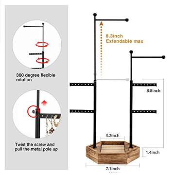 Emfogo Jewelry Organizer Stand - 6 Tier Jewelry Holder with Adjustable Height Necklace Holder Organizer Display & Storage for Earrings Ring Bracelet (Rustic Brown)