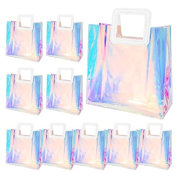 AOBOPLE 10 Pcs Clear Holographic Tote Bags, Reusable Iridescent Gift Bag with Handles, Waterproof Ho...