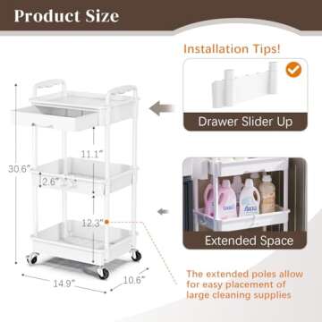 EaseSky 3-Tier Rolling Cart with Drawer & Lockable Wheels, Plastic Shelf Storage Organizer Cart – ...