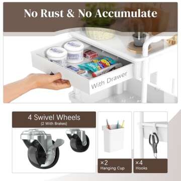 EaseSky 3-Tier Rolling Cart with Drawer & Lockable Wheels, Plastic Shelf Storage Organizer Cart – Easy Assembly, Waterproof Design for Kitchen, Bathroom, Office, White