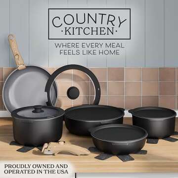 Country Kitchen Cookware Set with Removable Handle, Oven & RV Safe Pots and Pans Set, Black/Grey Woo...