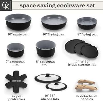 Country Kitchen Cookware Set with Removable Handle, Oven & RV Safe Pots and Pans Set, Black/Grey Wood Handle, Original